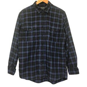Filson Alaskan Guide Flannel Shirt Dark Black/Navy Plaid Cotton Pockets Sz M #o